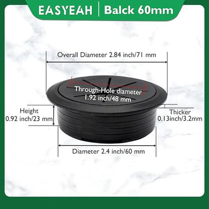 2 Pcs Desk Grommet 2-3/8" / 60 mm, Desk Hole Cover for Cables Black, Cable Grommet ABS Plastic, Desk Hole Grommet for Home & Office Pc, Detachable Cable Cord Organizer