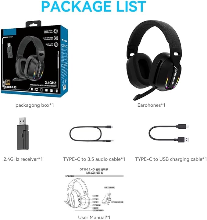 2.4GHz Wireless Gaming Headset for PC, PS5, PS4, Switch - Bluetooth 5.4, 20H Battery, with ENC Noise Canceling Microphone, Cool Lighting, 40mm Drivers,for Wired Mode Xbox Series -Black