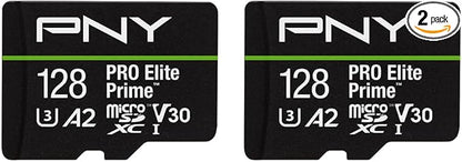 PNY 128GB PRO Elite Prime C10 U3 V30 A2 microSDXC Flash Memory Card – Ultra-Fast Speeds, Read 200MB/s, Write 150MB/s, 4K UHD, Full HD, UHS-I, for Smartphones, Drones, Action Cameras, 2-Pack