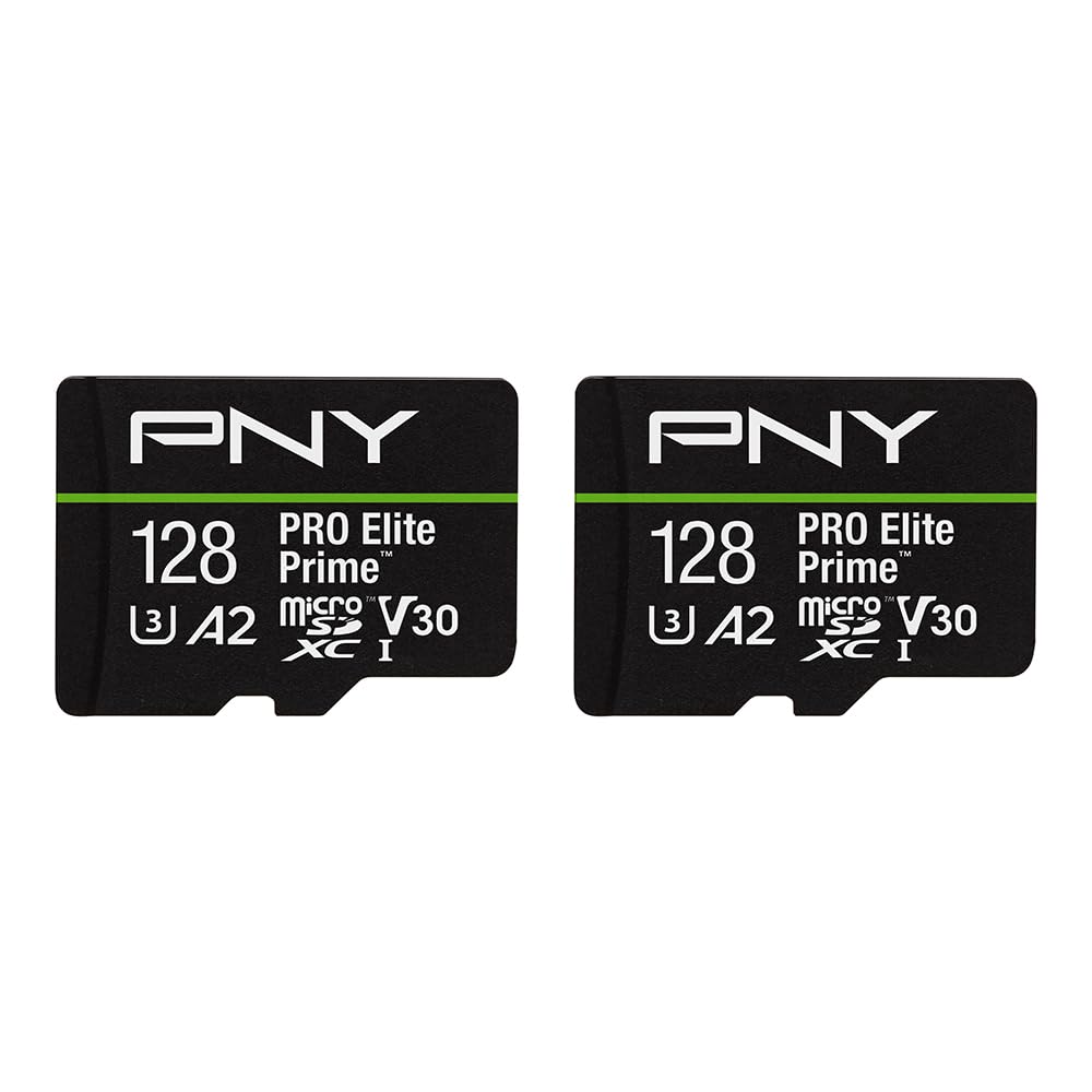 PNY 128GB PRO Elite Prime™ C10 U3 V30 A2 microSDXC Flash Memory Card – Ultra-Fast Speeds, Read 200MB/s, Write 150MB/s, 4K UHD, Full HD, UHS-I, for Smartphones, Drones, Action Cameras, 2-Pack