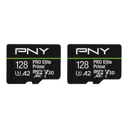 PNY 128GB PRO Elite Prime™ C10 U3 V30 A2 microSDXC Flash Memory Card – Ultra-Fast Speeds, Read 200MB/s, Write 150MB/s, 4K UHD, Full HD, UHS-I, for Smartphones, Drones, Action Cameras, 2-Pack