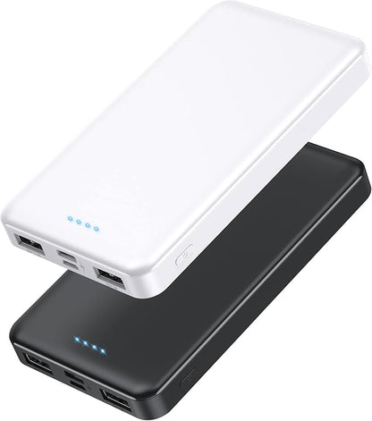 [2 Pack] Portable Charger Power Bank 10000mAh,Ultra Slim Compact External Battery Pack with USB C Input & Dual USB Outputs Backup Charger Compatible with iPhone 13,12, Samsung S20,Tablet -Black+White