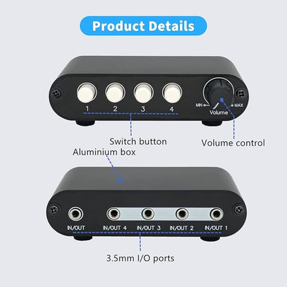4-Way 3.5mm Stereo Audio Switch Input Signal Source Switcher Selector Splitter Box with line Volume Controller (4 in 1 Out / 1 in 4 Out) -MC41