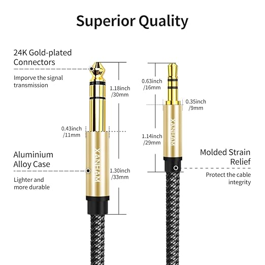 3.5mm to 1/4 Stereo Audio Cable 6.6 Feet /2M, 1/8" to 6.35mm 1/4" TRS Male Aux Cord Double Shielded with Braiding for Guitar, Amplifiers, PC, Home Theater, Speaker, etc.