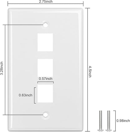 FGB 3-Port Keystone Wall Plate 20-Pack, Low-Profile Single Gang Wall Plates for RJ45, HDMI, and Coax Keystone Inserts, White
