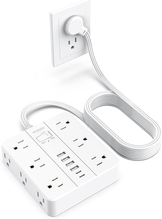 Extension Cord Power Strip 15 Ft Cord, HUNIAN Flat Plug Extension Cord with 12 Widely Spaced Outlets 6 USB Charger (2 USB C Ports), Desk Charging Station for Home Office Supplies, Dorm Room, White