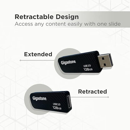 GIGASTONE V30 128GB USB 2.0 Flash Drive 2-Pack, Capless Retractable Design Pen Drive, Carbon Fiber Style, Reliable Performance & Durable