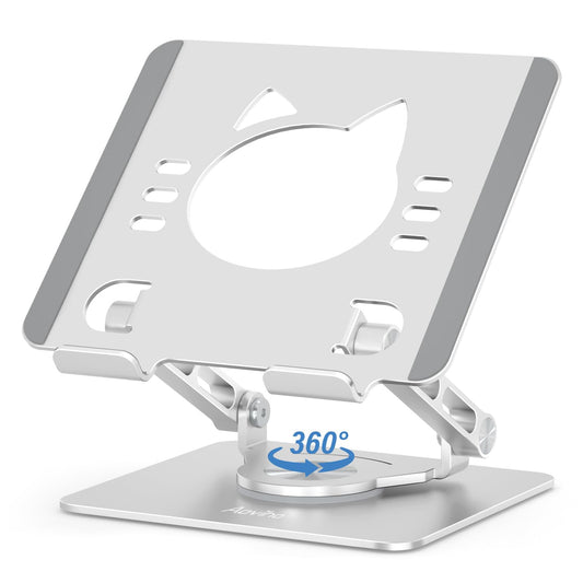 Aoviho Tablet Stand 360° Rotating Aluminum Holder, Adjustable, Portable and Foldable Monitors Stand for iPads, Compatible with 4-12.9" Tablets, Silver