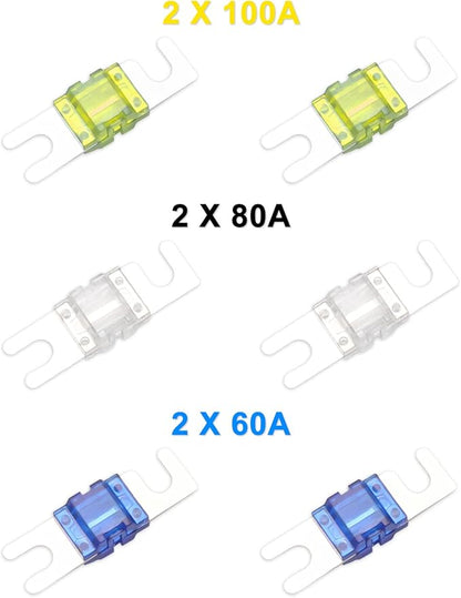 Recoil MFH12 2 Way Mini-ANL Fused Distribution Block, 1 X 0/2/4 Gauge in / 2 X 4/8 Gauge Out Fused Distribution Block with 60A, 80A, 100A Fuses, Solid Brass for Maximum Power Transfer