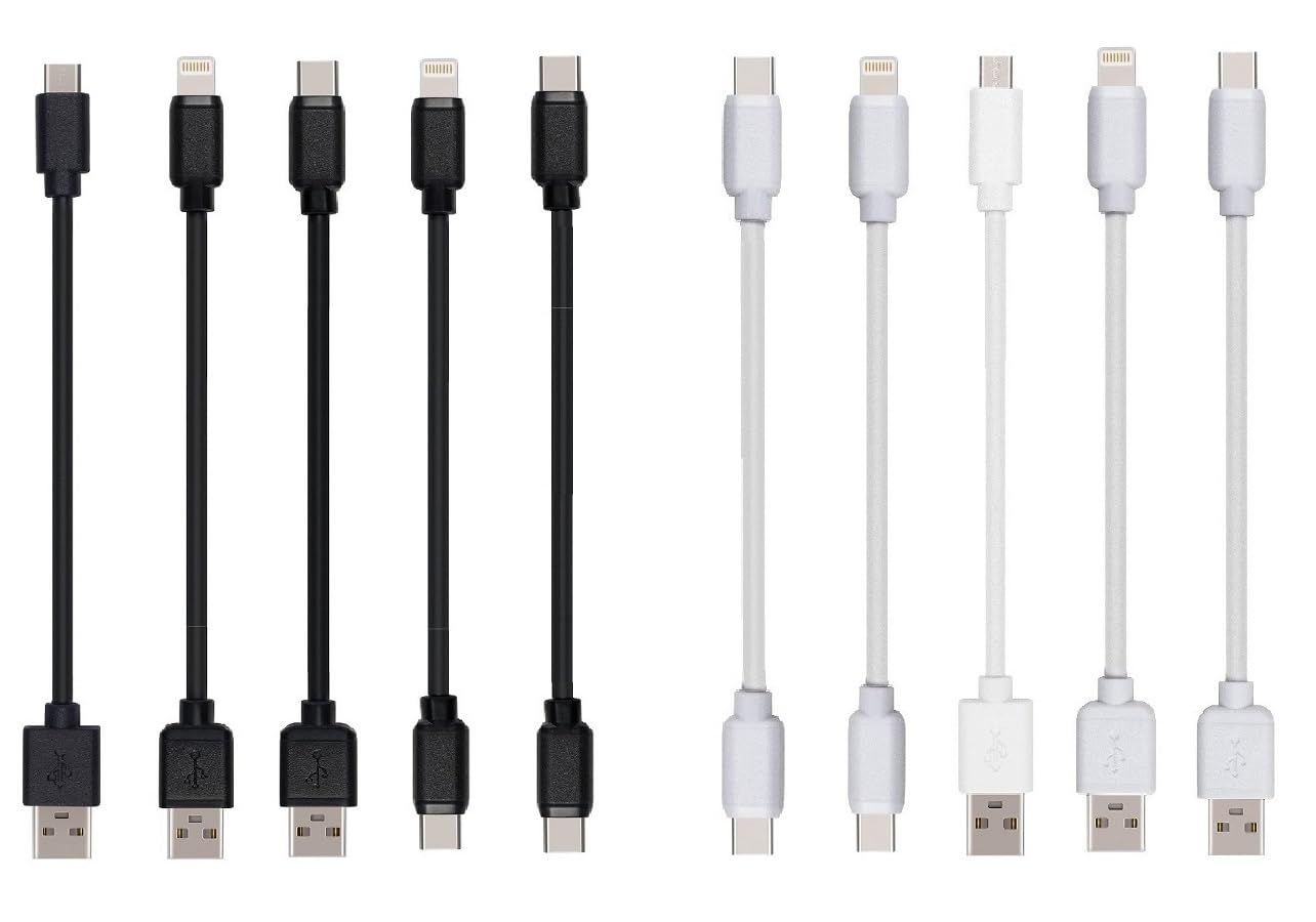 JuSoFU 10-Pack Multi Short USB Cables & TypeC-C Cables for Charging Stations Compatible/w iPhone17,16,15, iPhone14-5/ iPads/iPad mini/iPad Pros/Samsung Moblies & Tablets/Pixel & Nexus/HTC/Sony(Black)
