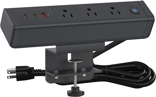 Desk Clamp Power Strip 65W USB-C Fast Charging 3 AC Outlet for Home&Office