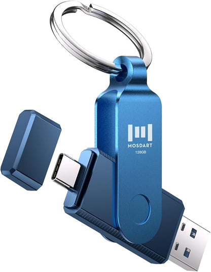 MOSDART 128GB Dual USB C Flash Drive, Speed Up to 150MB/S Type C 3.1 Thumb Drive with Keychain and LED Indicator, for iPhone 15 and 16, Android Phone, iPad, MacBook, and Laptops, Navy Blue