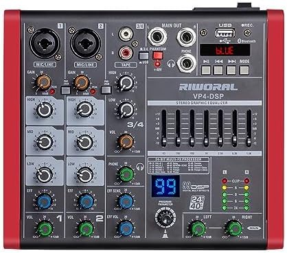 4 Channel Audio Interface DJ Mixer With 99 DSP Effects XLR 1/4 inch Jack For MIC/Musical Instrument USB PC Phone Bluetooth Music Audio Mixer for karaoke Stage Streaming Studio