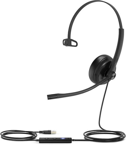 Yealink UH34 Wired Headset, Single Ear USB Headphones with Noise Cancelling Mic, Teams Certified, Mono Headset for PC Laptop VoIP Phone, All Day Comfort Design, Mute Button