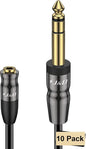 J&D 1/4 inch to 3.5mm Headphone Adapter, Heavy Duty Copper Shell Connecter Joint 3.5mm 1/8 inch Female TRS to 6.35mm Male TRS Stereo Audio Extension Cable (6 Feet 10 Pack)
