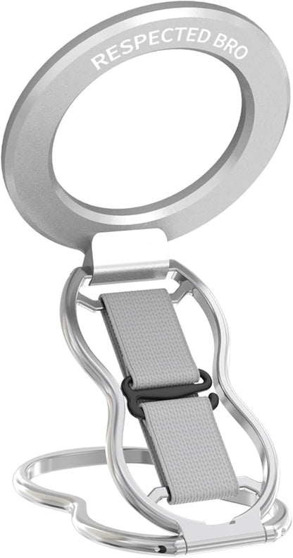 RESPECTED-BRO-Magnetic-Phone-Grip-Stand-with-Finger-Strap, 4-in-1 Magnetic Ring Holder, Kickstand and Elastic Strap for Smartphones, Universal Fit for iPhone, Android, and Cases (Silver)
