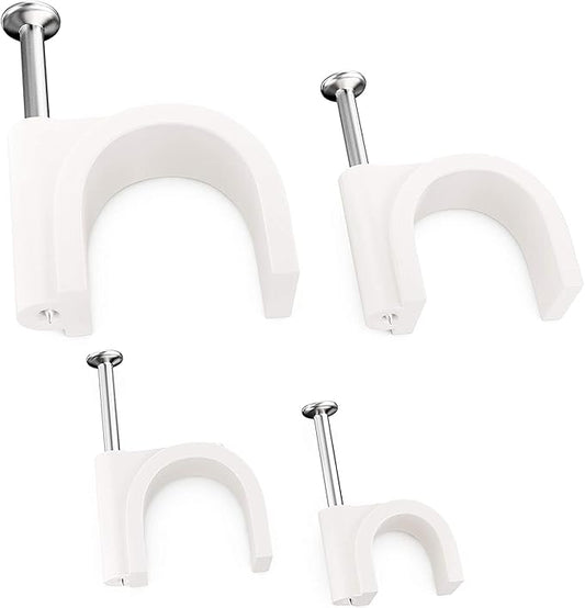 Pro-Grade, Cable Clips with Steel Nails 6mm, 8mm, 10mm, 12mm Size Wire Holders and Tacks 100 Each. Durable, UV Resistant Easy Install Plastic Clips Organize Coax, Ethernet, Cat5, Cat6 and Other Cords