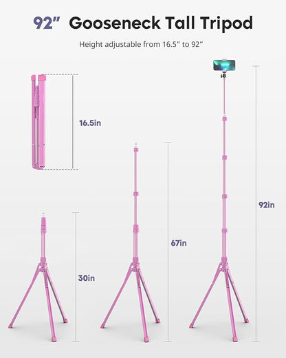 Aureday Phone Tripod, 92" Cell Phone Stand with 15" Gooseneck, Remote and Phone Holder, Overhead & Selfie Stick for Recording/Watching/Vlog, Compatible with iPhone Android, Pink