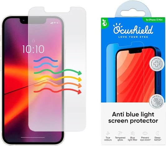 Ocushield Anti Blue Light Tempered Glass Screen Protector of iPhone 13 mini (5.4") – Blocks Blue Light, Prevents Eye Strain & Helps You Sleep Better, 9H Hardness & Case Friendly