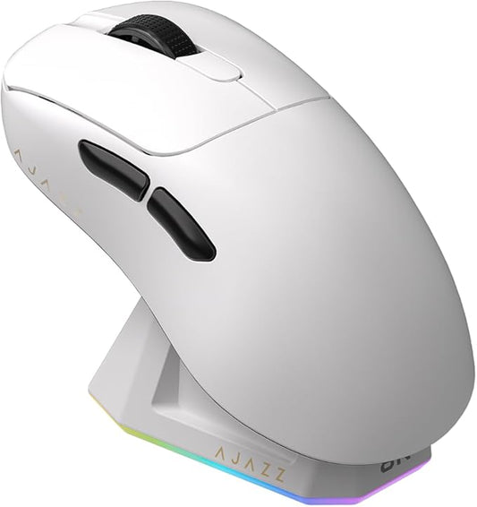 AJ179 PRO Wireless Gaming Mouse, PAW3395 26000 DPI, 8000Hz Polling Rate, 58g Ultra-Light, Tri-Mode, RGB Magnetic Charging Dock (Includes 8K Dongle), Right-Handed Ergonomic, On-Board Memory – White
