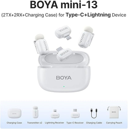 BOYA mini Wireless Microphone for iPhone/Android/PC/Tablets with USB C/Lightning Plug, MFi Certified, Noise Reduction, AI Voice Changer, 30H Battery Life with Charging Case for Video Recording Podcast