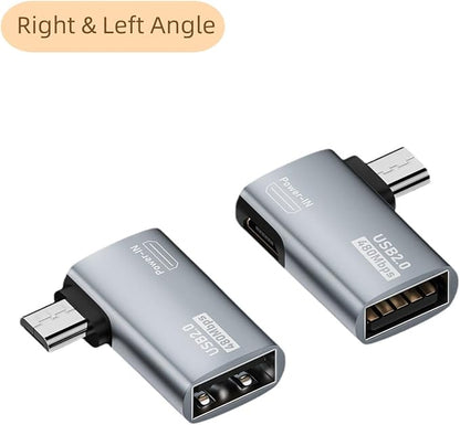 Powered Left & Right Angle USB 2.0 Micro Male to USB Female Host OTG Adapter for Samsung, Firestick，PS Classic，SNES Mini,NES/SNES Classic,Chromecast and More Smartphone or Tablet (2 Pack)