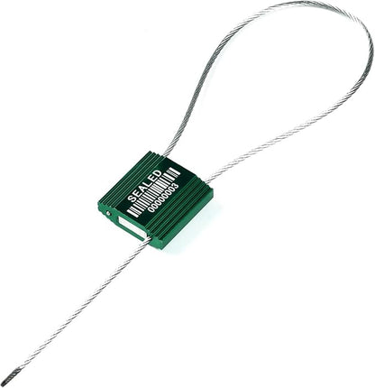 100 Green Steel Cable Seals With Barcode - High Security Numbered Truck Anti-Tamper Pull Tite Tags - Metal Container Shipping Self-Locking Safety Ties ISO 17712