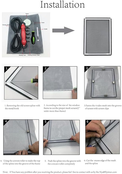 FLYZZZ Window Screen Door Repair Kit, 48"x118" Fiberglass Mesh Replacement with Roller Tool/Hook/Spline/Cutter/Clips/Ruler, 7-in-1 Sliding Patio Door & Screen Door Repair Kit, Gray