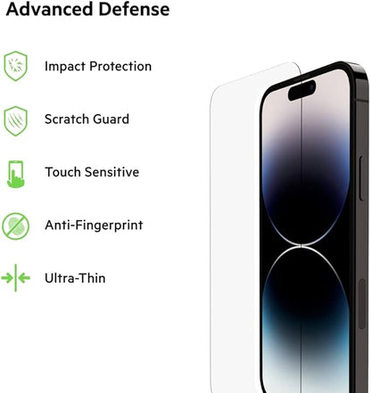 Belkin TemperedGlass iPhone 14 Pro Screen Protector - iPhone 14 Pro Accessories - Easy Application With Installation Guide Tray - Tempered Glass Antimicrobial Screen Protector - 9H Hardness Tested