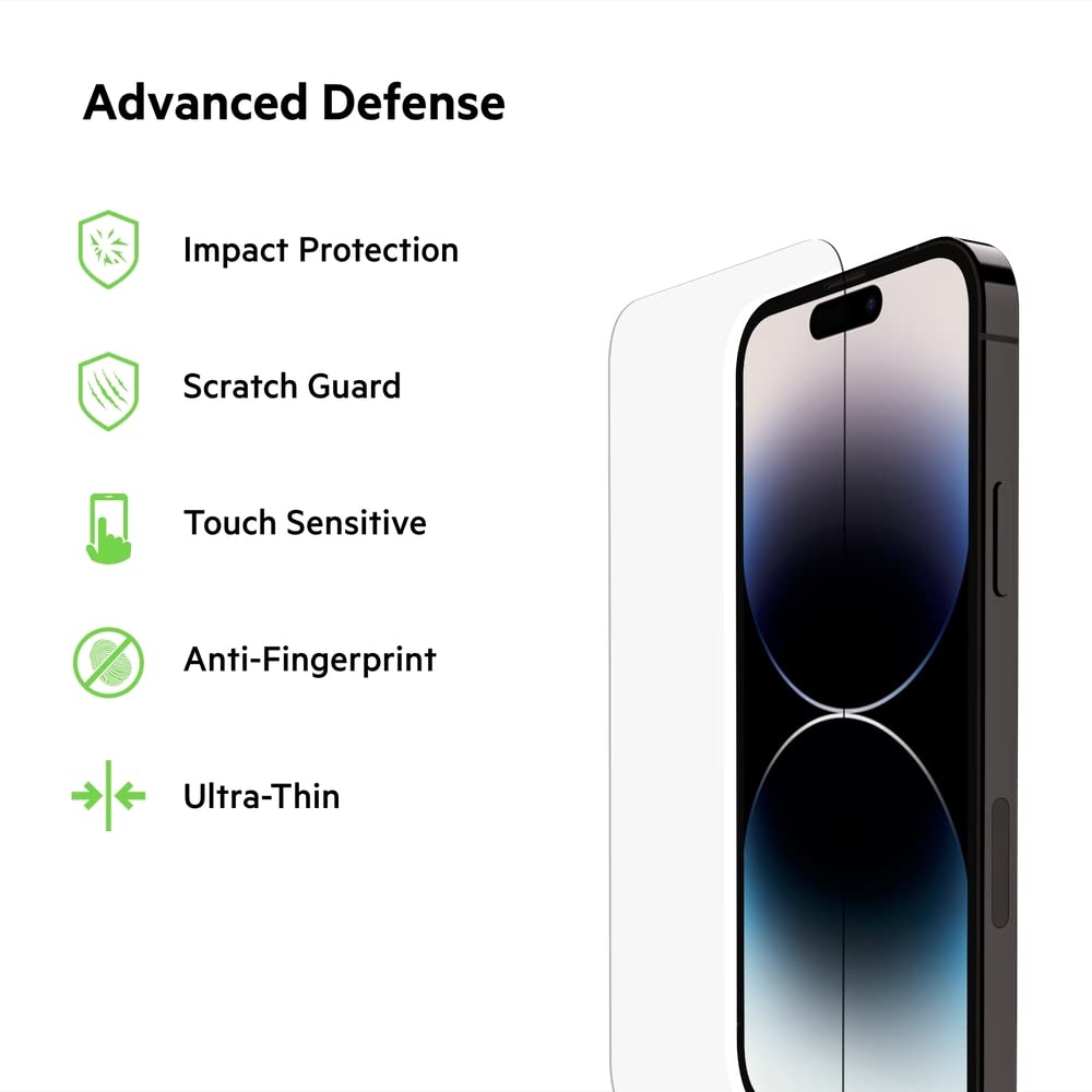 Belkin TemperedGlass iPhone 14 Pro Screen Protector - iPhone 14 Pro Accessories - Easy Application With Installation Guide Tray - Tempered Glass Antimicrobial Screen Protector - 9H Hardness Tested