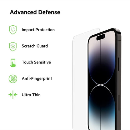 Belkin TemperedGlass iPhone 14 Pro Screen Protector - iPhone 14 Pro Accessories - Easy Application With Installation Guide Tray - Tempered Glass Antimicrobial Screen Protector - 9H Hardness Tested