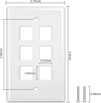 FGB 6-Port Keystone Wall Plate 20-Pack, Low-Profile Single Gang Wall Plates for RJ45, HDMI, and Coax Keystone Inserts, White