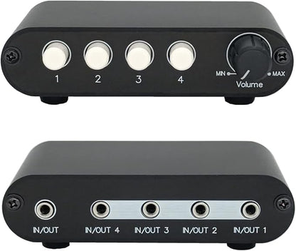 4-Way 3.5mm Stereo Audio Switch Input Signal Source Switcher Selector Splitter Box with line Volume Controller (4 in 1 Out / 1 in 4 Out) -MC41