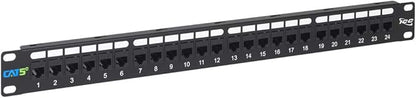 ICC CAT5e Feed-Through Patch Panel, 24 Port, 1U Rackmount, RJ45 Ethernet Patch Panel, No Punch Down, PoE++ and TAA Compliant, Black