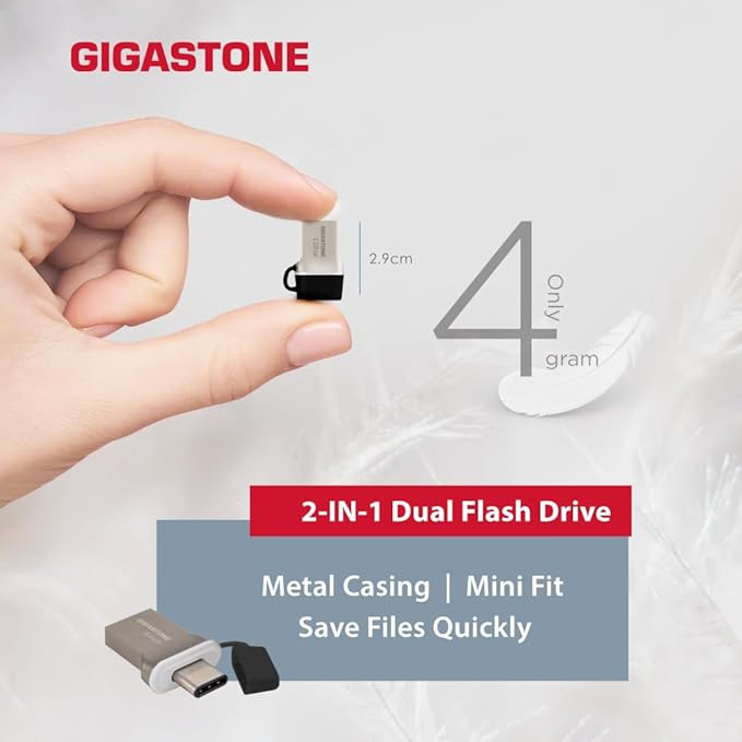 GIGASTONE 128GB Nano Luxus Dual Drive, Z50 USB 3.2 Gen 1, 2-in-1 USB-A & Type-C, 100MB/s Ultra Fast, Cap Design, Metal, Plug & Play for Smartphone/PC/Mac/TV/Car, 2.0/3.0/3.1 Compatible