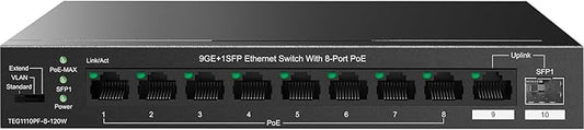 Tenda 10 Port Gigabit PoE Switch, Network Switch with 8 Port PoE+@120W, 1*Gigabit Uplink & 1*SFP, Plug & Play, VLAN/Extend Mode, for IP Cameras/VoIP Phones, Sturdy Metal, Wall Mount (TEG1110PF)