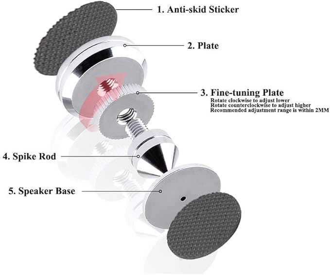 4 Sets Speaker Isolation Stand Feet, Stainless Steel Speaker Base Pads, Shockproof 28-32mm Adjustable Speaker Vibration Absorber Spike Cone Mats for Amplifier Turntable DAC Recorder CD (27x29x5MM)