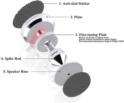 4 Sets Speaker Isolation Stand Feet, Stainless Steel Speaker Base Pads, Shockproof 28-32mm Adjustable Speaker Vibration Absorber Spike Cone Mats for Amplifier Turntable DAC Recorder CD (27x29x5MM)