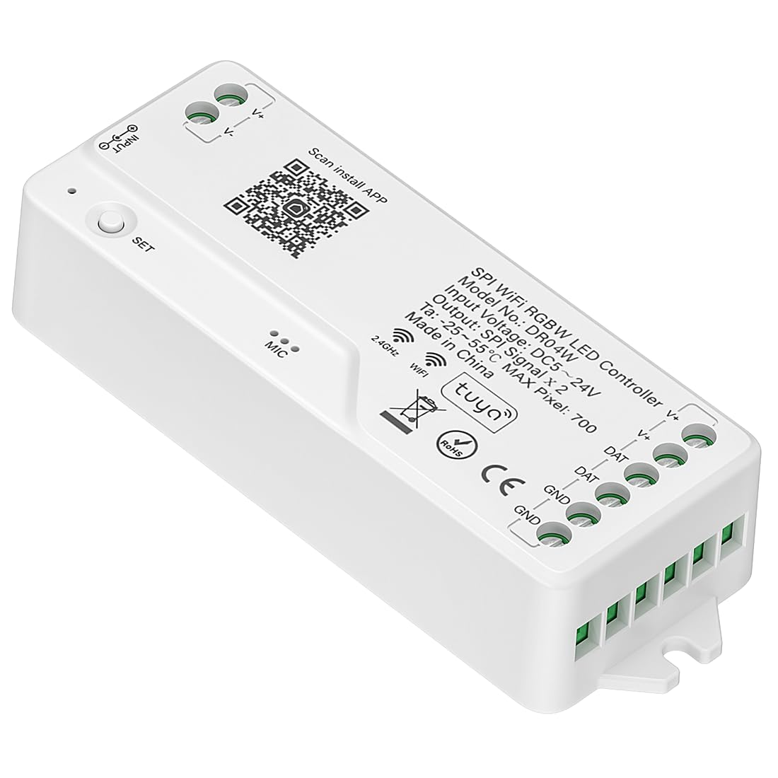 BTF-LIGHTING 2.4G WiFi DR04W SPI RGBW Controller RC03RF RF Remote Tuya APP/Smart Life/Google Home/Alexa Control Support SK6812RGBW SMD/FCOB WS2814 IC etc Addressable RGB+W LED Strip STA Mode