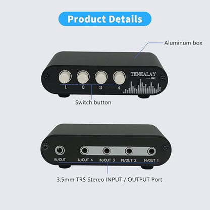 4 in 1 Out / 1 in 4 Out AUX 3.5mm Stereo Audio Input Signal Source Switcher, 4-Way Switch Selector Splitter Box M41