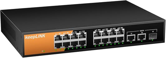 keepLiNK 16 Port Gigabit PoE Switch Unmanaged, 16 PoE+ Ports @240W, 2 Gigabit Uplink Ports and 1 SFP Slot, 802.3 at/af Compliant, Fanless & Metal Housing, Desktop or Rackmount