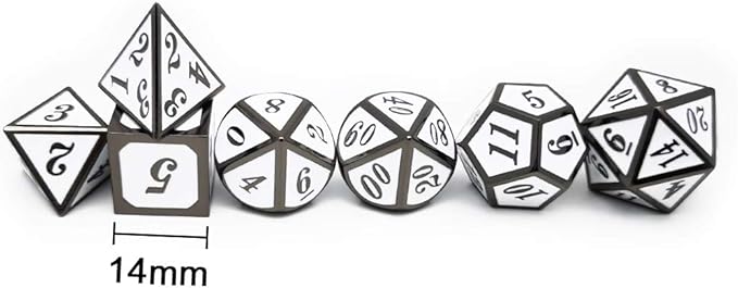 Haxtec 7 Die DND Metal Dice Set D&D 7PCS DND Dice of D20 D12 D10 D8 D6 D4 Compatible with Dungeons and Dragons RPG Games-Glossy Enamel Dice (Black White)
