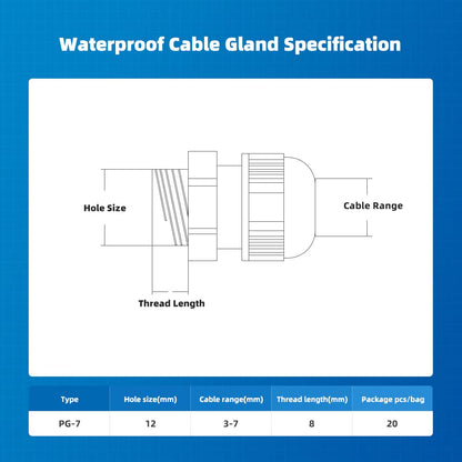 CGELE Cable Gland 20 Pack Plastic Waterproof Adjustable Connector 3-7mm PG7 Strain Relief Cord Connectors Joints Nylon with Gaskets