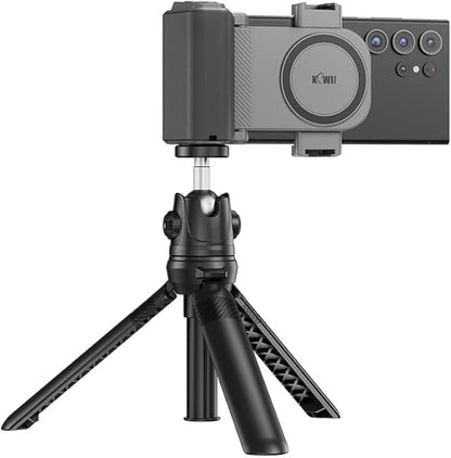 KIWIFOTOS Universal Phone Camera Grip Phone Tripod Mount with Remote Control & Cold Shoe Adapter for iPhone 16 15 Pro Max Samsung S24 S23 S25 Camera Holder Selfie Vlog Video Shooting (Gray)