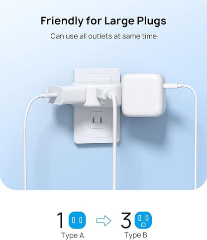 TROND 2 Prong to 3 Prong Outlet Adapter, 3-Way Angled Plug Extender with 3 AC Sockets, Wall Splitter for Non-Grounded Outlets in Old House, Cruise Essentials, White