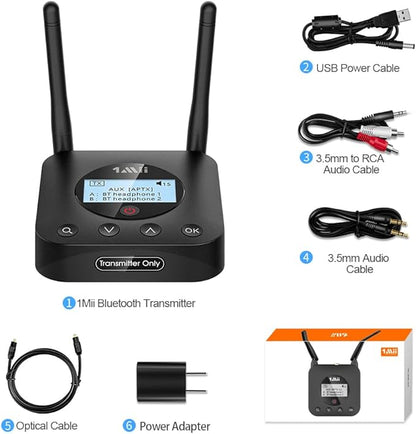 1Mii B06TX+ Long Range Bluetooth 5.2 Transmitter for TV/PC/Projector to 2 Wireless Headphones/Speakers, Bluetooth Adapter for TV w/Screen Display Plug n Play, aptX Low Latency & HD Audio