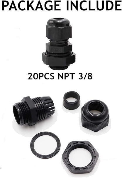 PENGLIN Cable Glands 3/8" NPT Nylon Cable Connector, Strain Relief Cord Connector, IP68 Waterproof Adjustable Locknut(3/8 Inch (20 Pack))