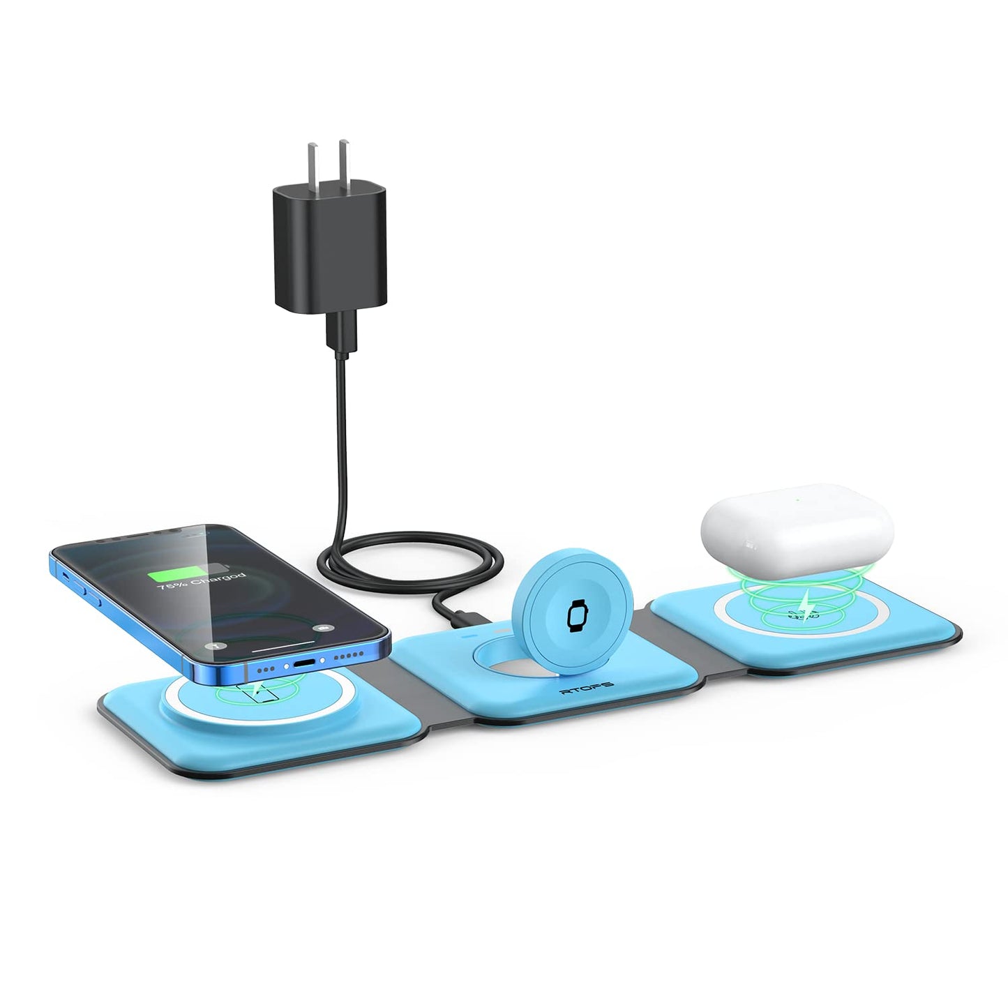 Wireless Charger 3 in 1,RTOPS Magnetic Traval Wireless Charging Station Multiple Devices,GaN 3 in 1 Charging Station,Compatible iphone17/16/15/14/13/Pro/Max,iWatch,AirPods4/3/2/Pro(Adapter Includes)