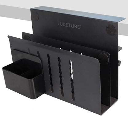 LUKETURE Laptop Holder, Steel Desk Side Storage, No Drill Standing Desk Accessories, Clamp on Laptop Mount with Pen Holder, Fits Flat Edge Tables 0.3" to 2.8" (Black, L(2 Tier))