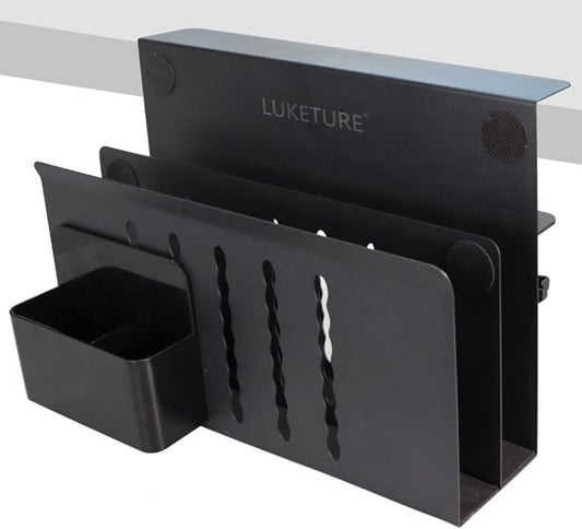 LUKETURE Laptop Holder, Steel Desk Side Storage, No Drill Standing Desk Accessories, Clamp on Laptop Mount with Pen Holder, Fits Flat Edge Tables 0.3" to 2.8" (Black, L(2 Tier))